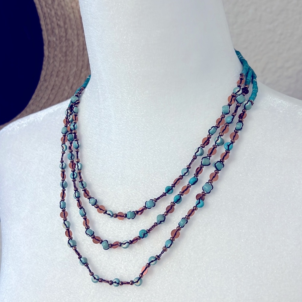 NWT! Beaded Triple Strand Copper Sequin Turquoise Beads Shells Necklace
